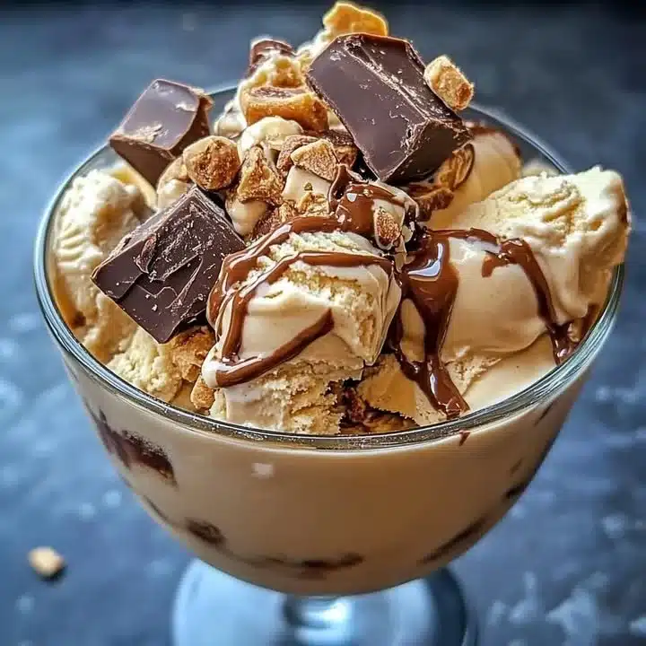 Delicious Snickers and Reese's cookie dough ice cream in a bowl