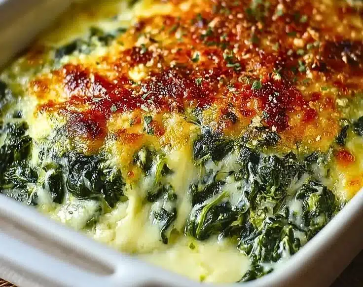 Southern-style spinach casserole served in a dish