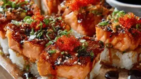 Delicious Spicy Salmon Sushi Bake made with fresh ingredients