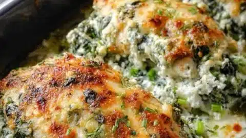 Spinach and Feta Baked Chicken on a plate garnished with herbs