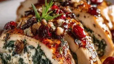 Spinach and cranberry stuffed chicken breasts served on a plate.
