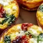 Spinach Feta Sun-Dried Tomato Egg Muffins in a muffin tin