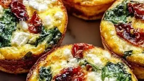 Spinach Feta Sun-Dried Tomato Egg Muffins in a muffin tin