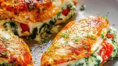 Spinach stuffed chicken breast served on a plate with herbs and vegetables