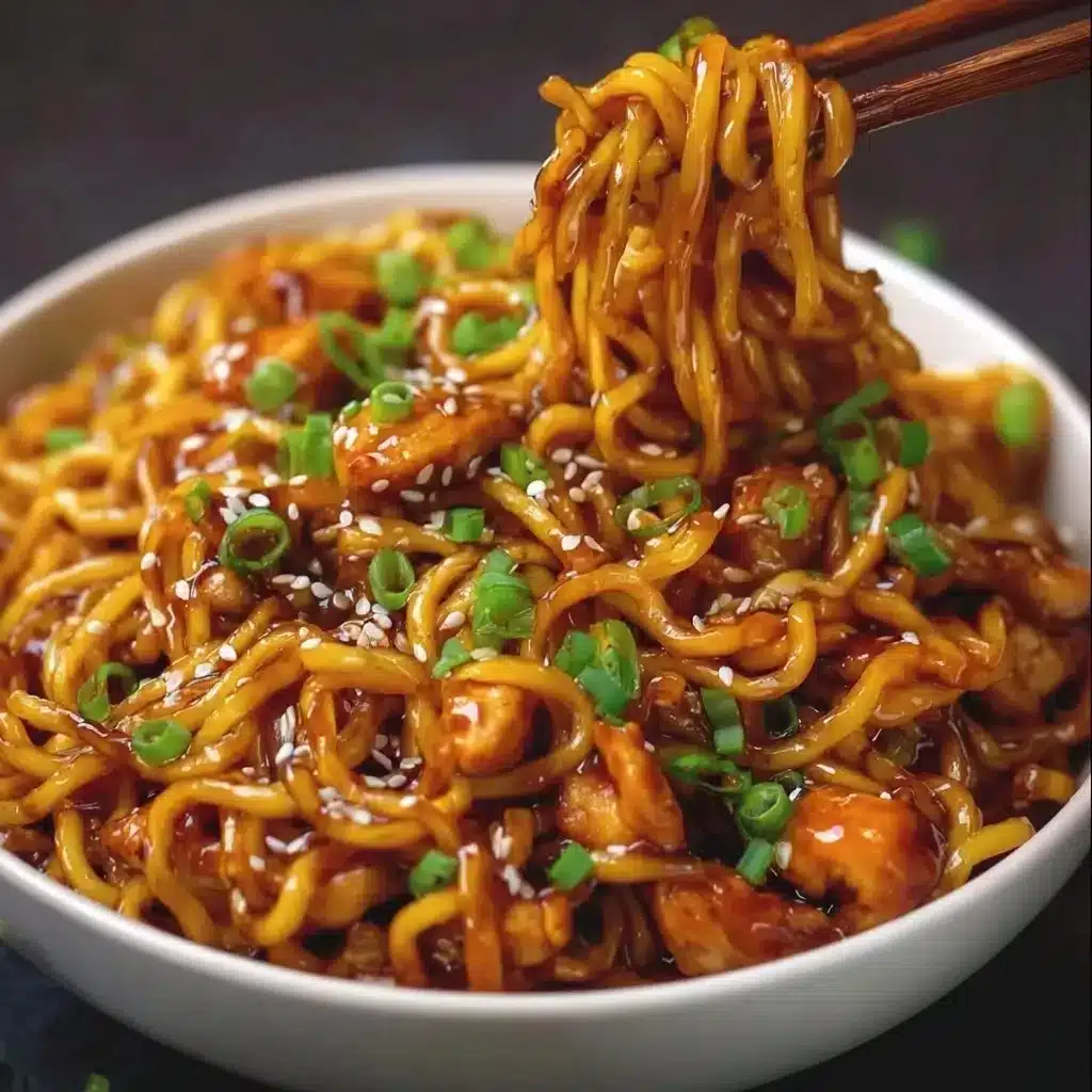 Delicious sticky garlic chicken noodles served in a bowl