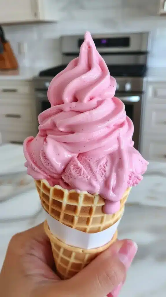 A refreshing Strawberry Dole Whip dessert served in a bowl