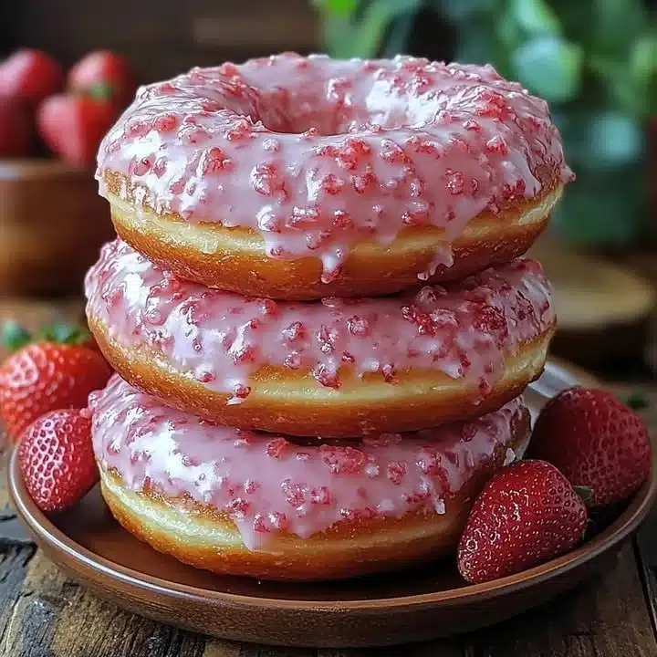 Delicious strawberry-glazed donuts on a plate, perfect for dessert.