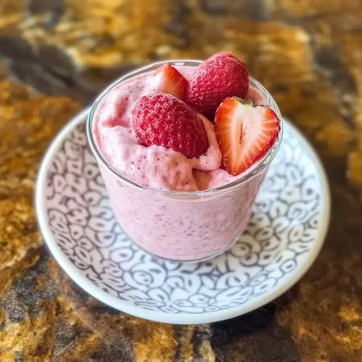 Delicious bowl of homemade strawberry ice cream topped with fresh strawberries