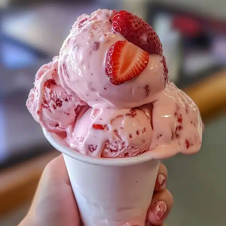 Delicious Strawberry Sensation Ice Cream in a cone topped with fresh strawberries