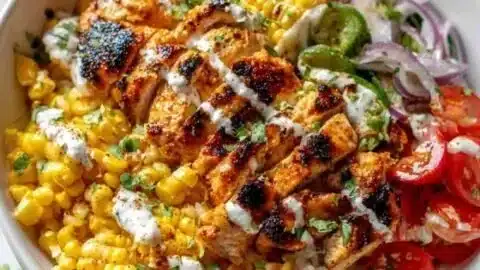 Delicious Street Corn Chicken Rice Bowl with grilled chicken and savory rice
