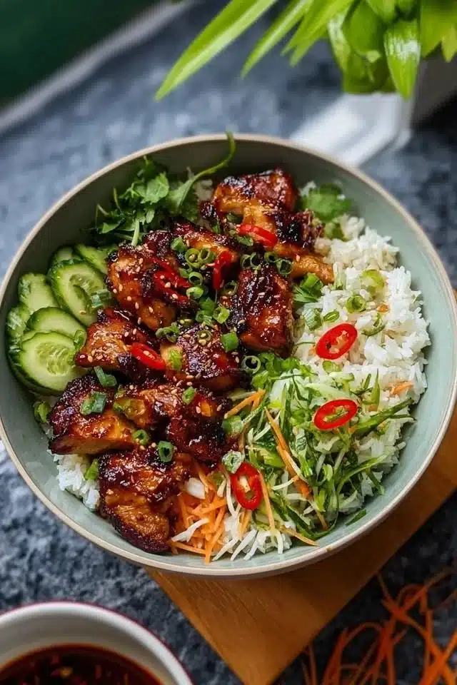 Sweet Chili Chicken Rice Bowl with vibrant vegetables and zesty sauce