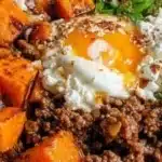 Delicious Sweet Potato Beef Bowl topped with Hot Honey and Cottage Cheese