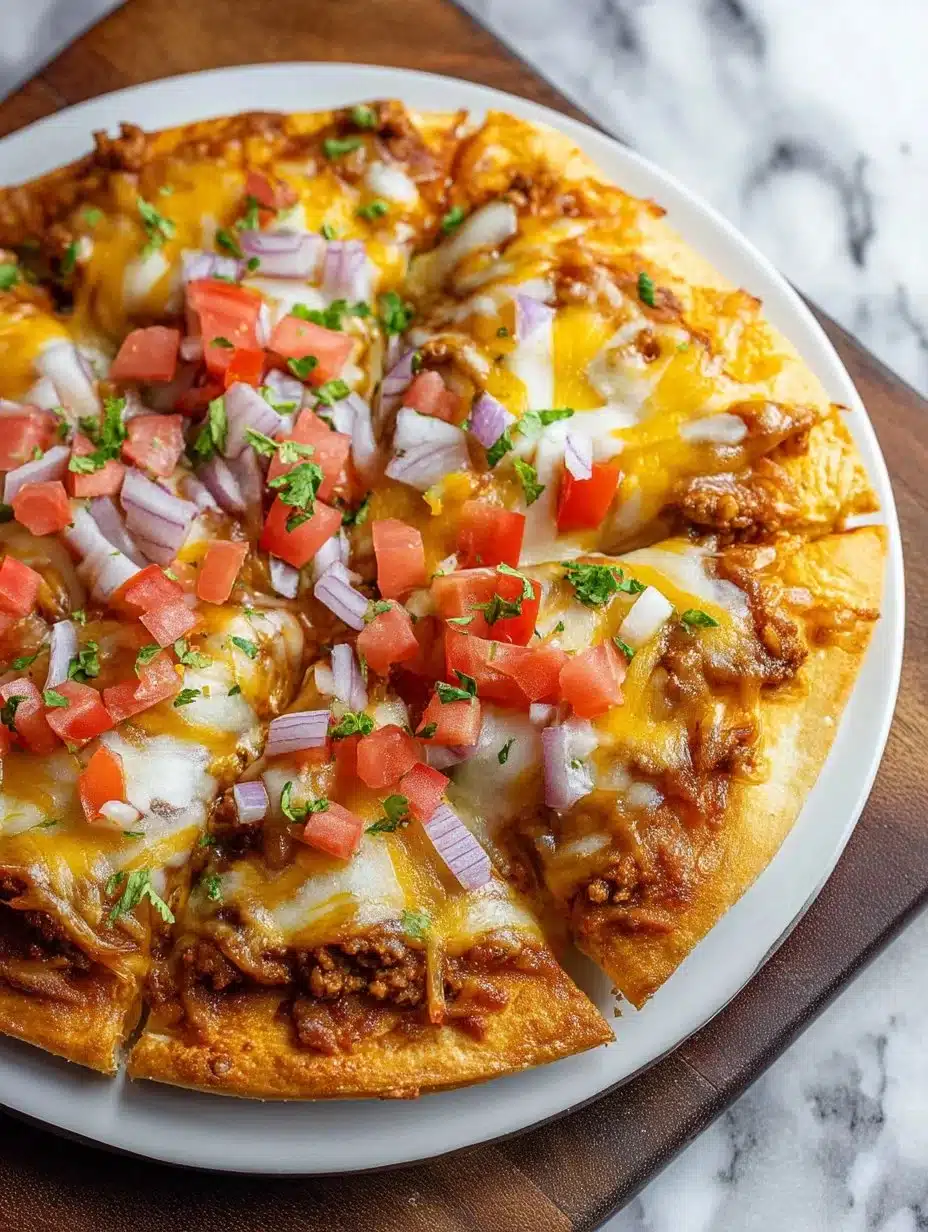 Taco Bell Mexican Pizza with toppings on a wooden table