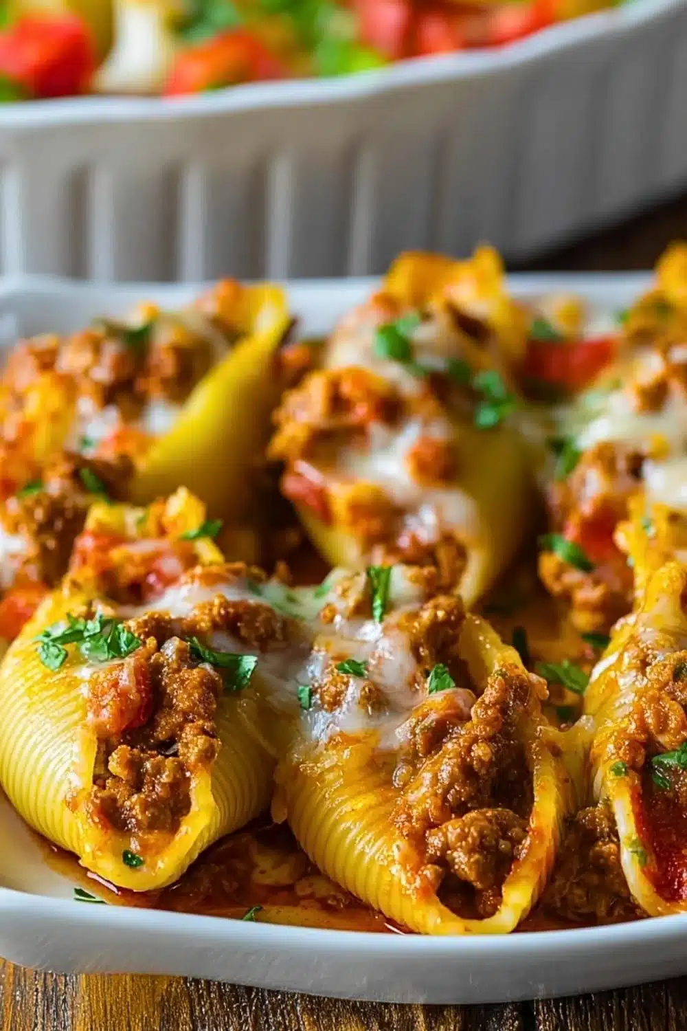 Delicious taco stuffed shells filled with seasoned meat and topped with cheese