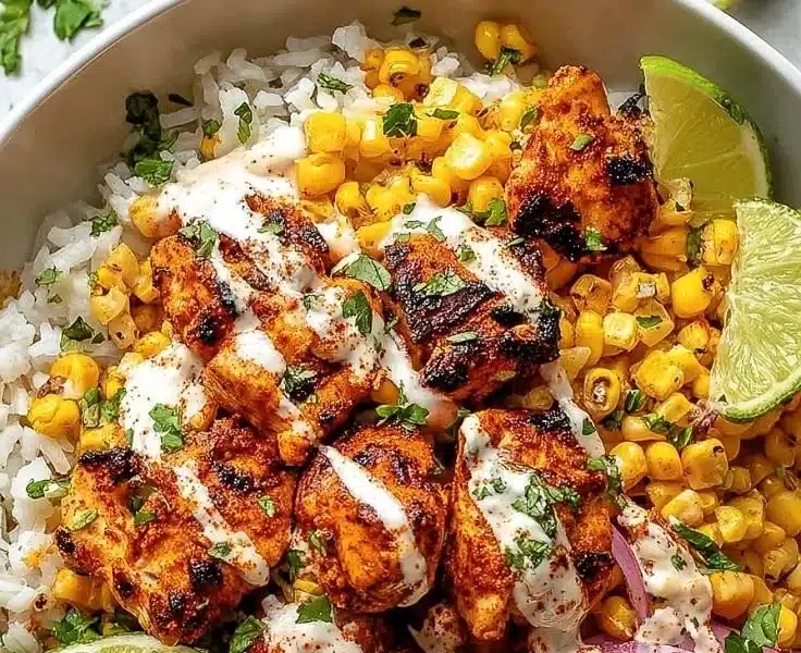 Delicious Street Corn Chicken Bowl topped with fresh ingredients and spices