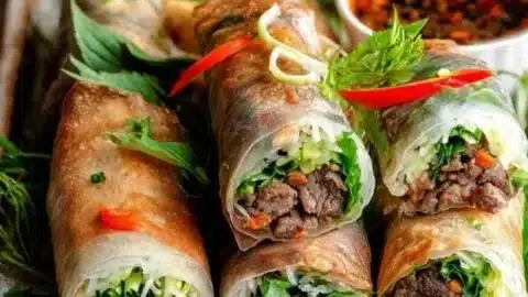 Thai Basil Beef Rolls with fresh basil and tender strips of beef.