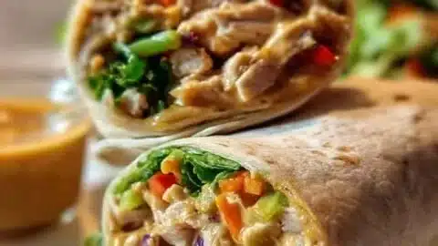 Thai Peanut Chicken Wraps with fresh vegetables and creamy peanut sauce