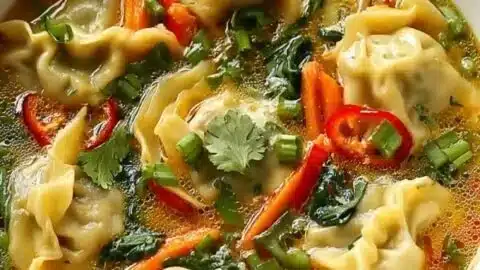 A bowl of Thai Potsticker Soup with vibrant vegetables and protein-rich potstickers.