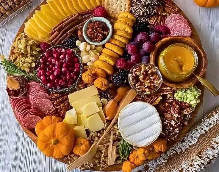 Thanksgiving dessert charcuterie board featuring seasonal treats and decor
