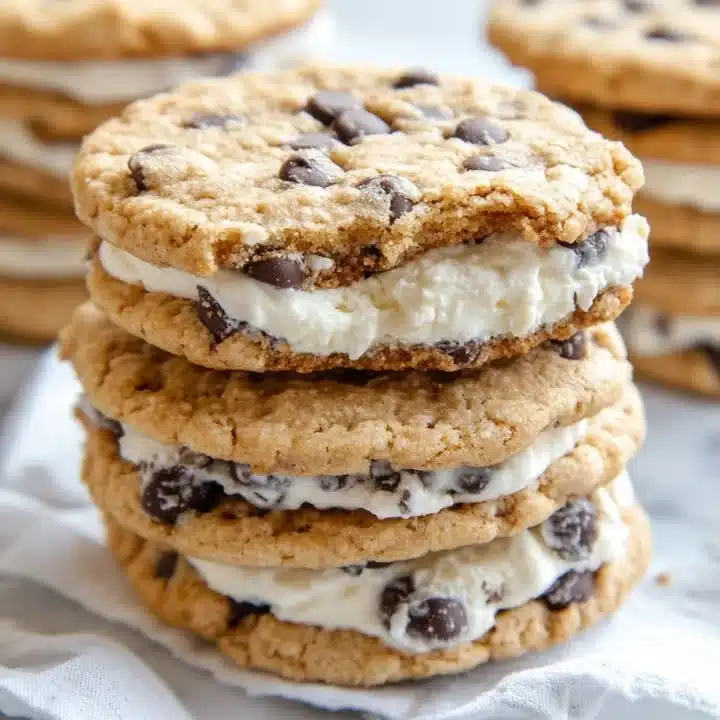 Delicious homemade ice cream cookie sandwiches with chocolate chip cookies and vibrant ice cream