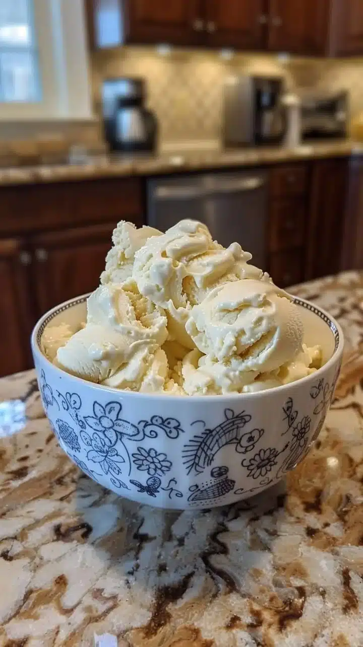 Delicious homemade white chocolate ice cream in a bowl
