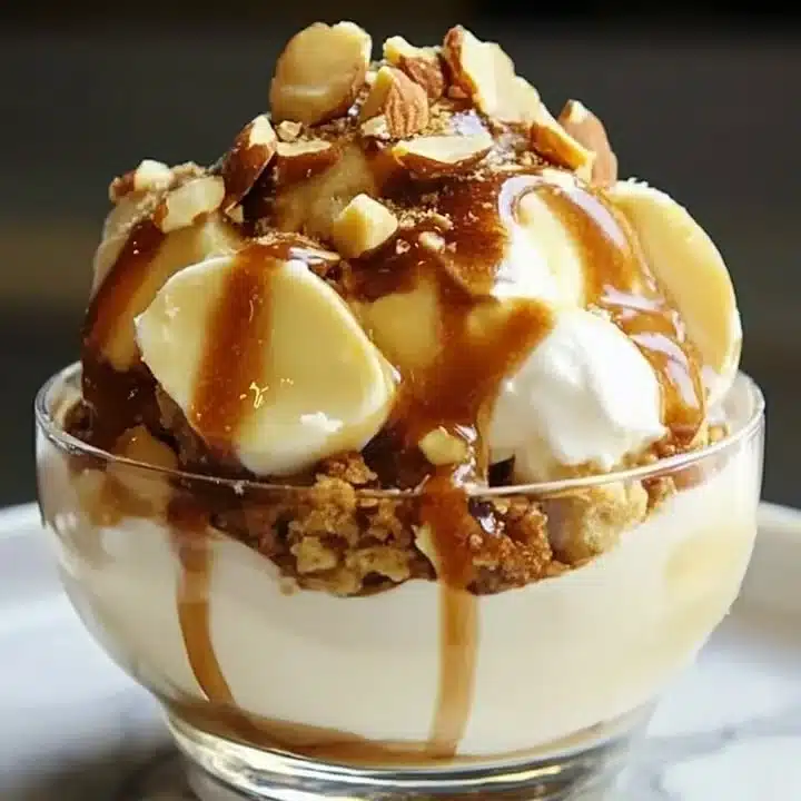 Delicious Toasted Almond Ice Cream Sundae with chocolate drizzle and nuts