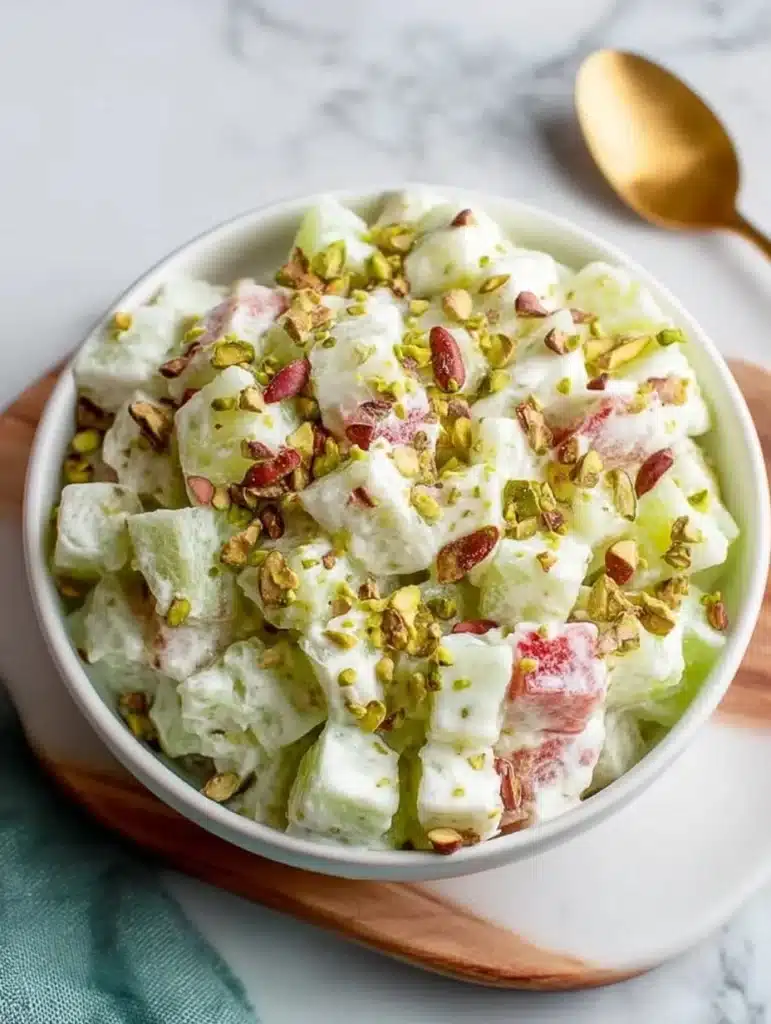 Traditional Watergate fruit salad with pistachios in a serving bowl