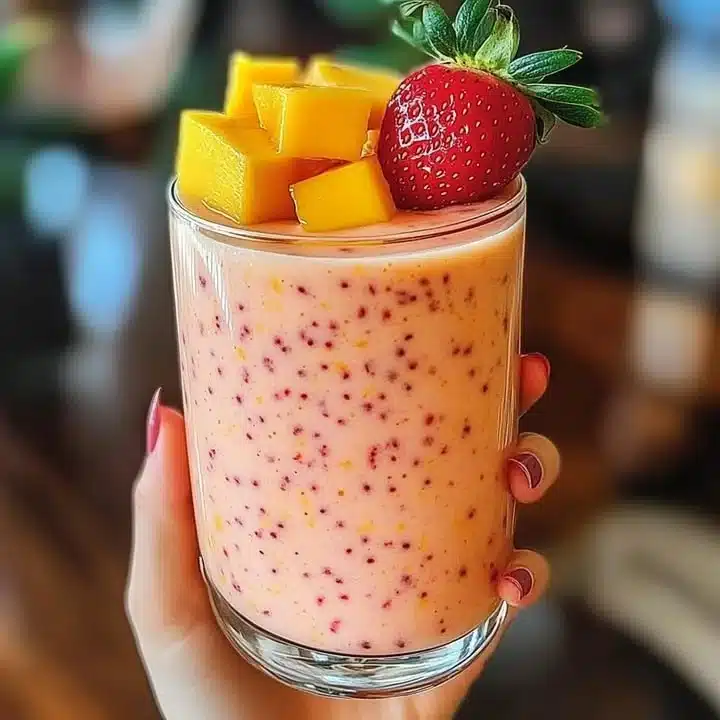 Tropical Strawberry Mango Smoothie in a glass with fresh fruits