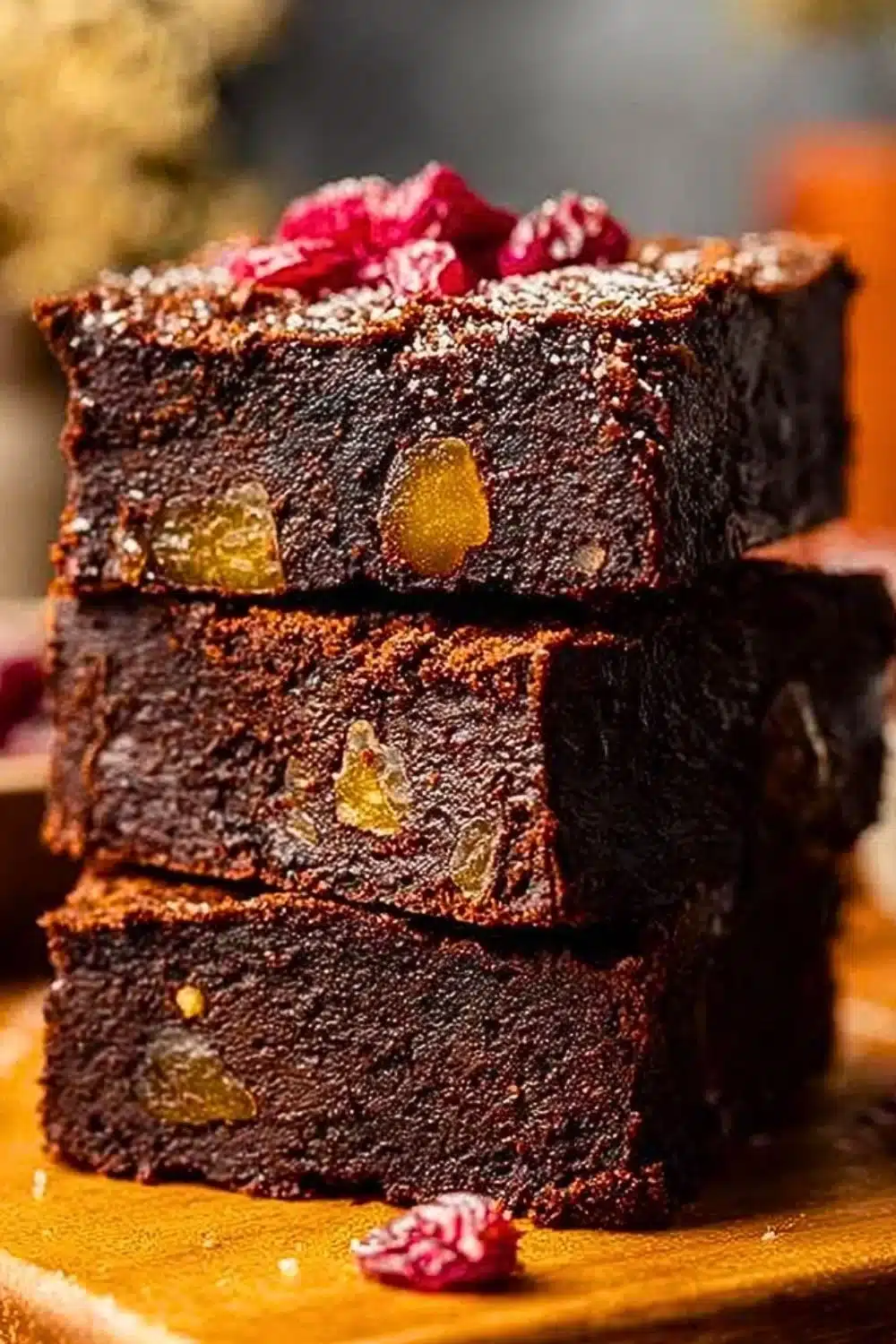 Vegan no-bake brownies made with dates and nuts on a rustic wooden table.