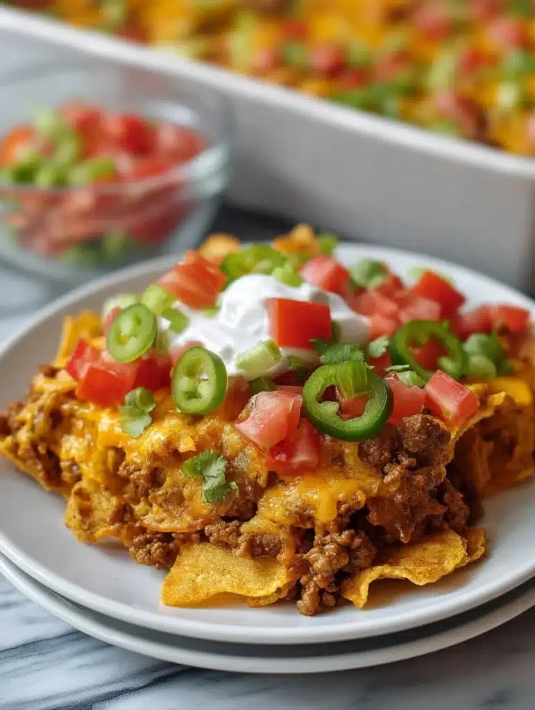 Delicious Walking Taco Casserole topped with cheese and crunchy tortilla chips.