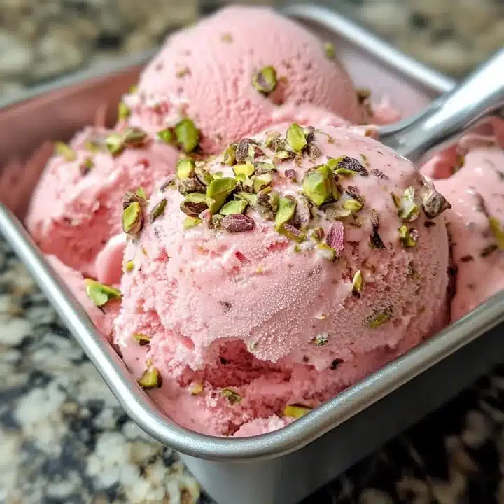 Watermelon pistachio ice cream in a bowl garnished with mint leaves