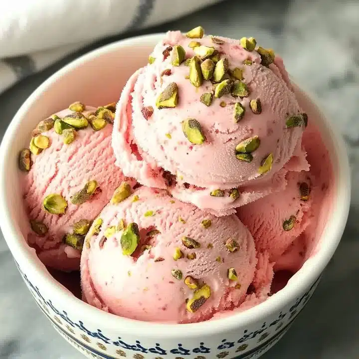 Delicious watermelon pistachio ice cream in a bowl topped with nuts