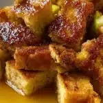 Delicious Apple Cinnamon French Toast Casserole topped with syrup and cinnamon