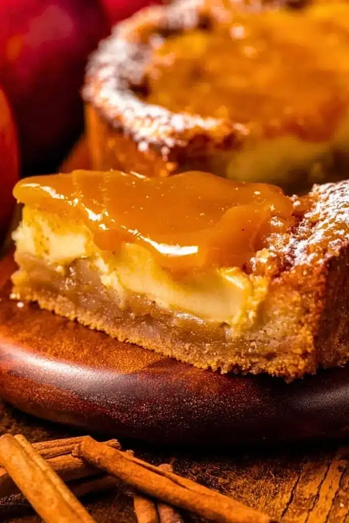 Delicious slice of Apple Gooey Butter Cake topped with fresh apples and icing.