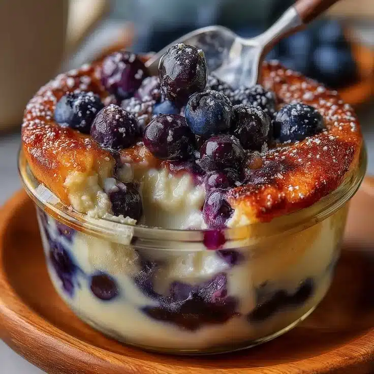 Baked blueberry cottage cheese breakfast bowls topped with fresh blueberries
