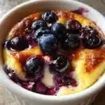 Baked blueberry cottage cheese breakfast bowls topped with fresh blueberries