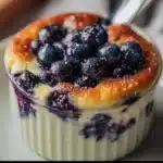 Baked blueberry cottage cheese breakfast bowls topped with fresh blueberries