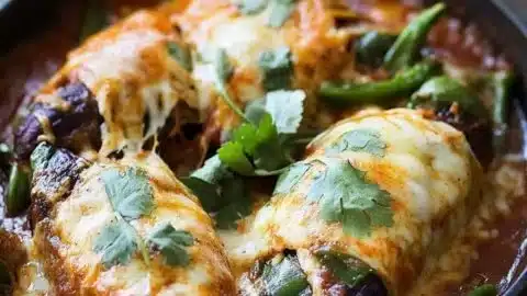 Baked chili rellenos with cheese and peppers, showcasing ultimate flavor bliss.