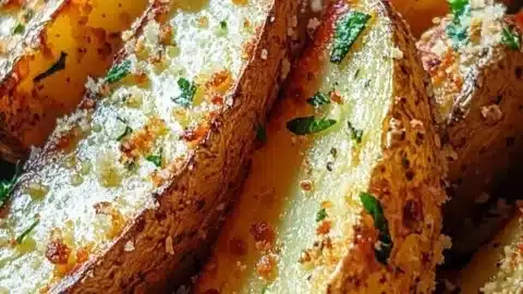 Crispy baked garlic parmesan potato wedges served in a bowl