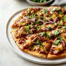 BBQ chicken flatbread topped with grilled chicken and fresh vegetables