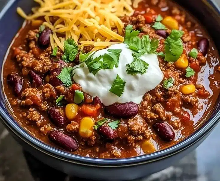 A bowl of hearty beef chili topped with fresh herbs and ingredients.