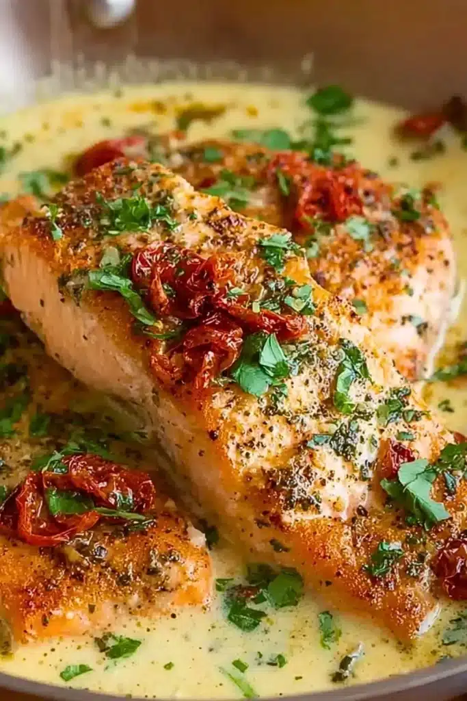 Delicious Marry Me Salmon dish garnished and plated beautifully.