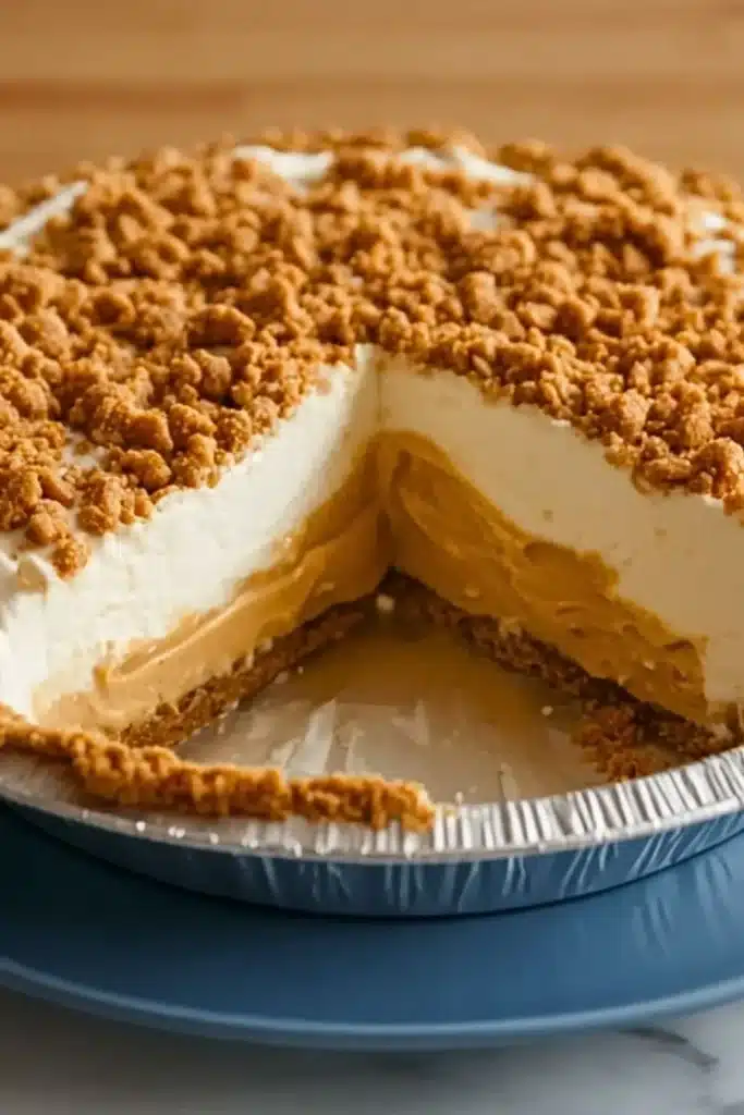 Delicious slice of best peanut butter pie with creamy filling and chocolate drizzle