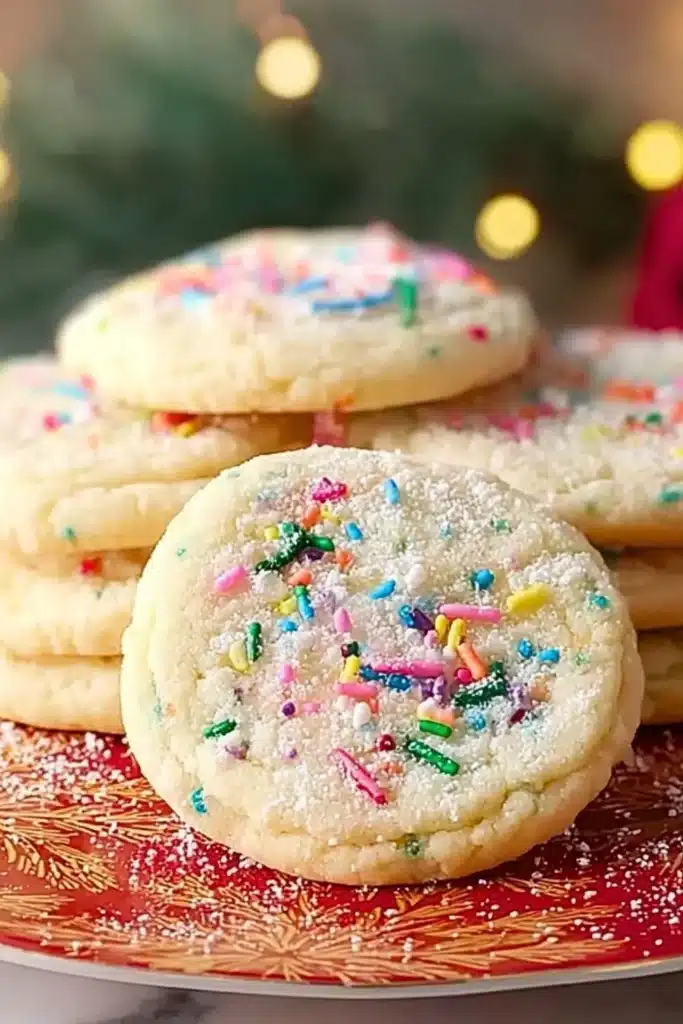 Delicious homemade sugar cookies topped with powdered sugar on a plate.