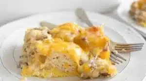 Delicious Biscuits and Gravy Breakfast Casserole served on a plate
