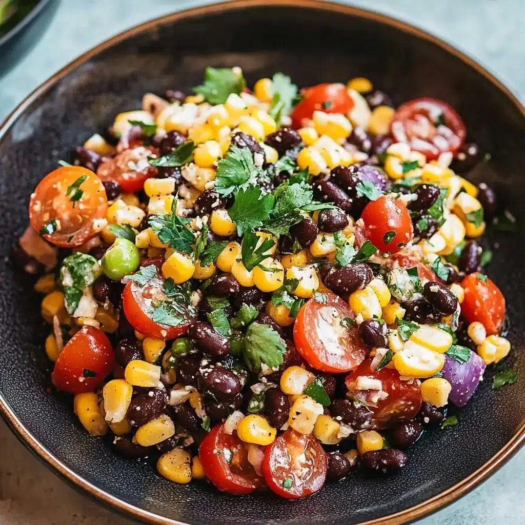 Colorful black bean corn salad with fresh vegetables in a bowl