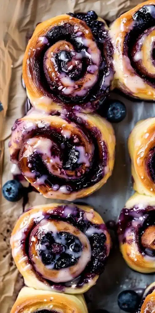 Freshly baked blueberry cinnamon rolls topped with icing and blueberries