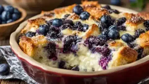 Delicious blueberry cottage cheese breakfast bake served in a dish