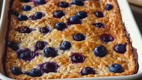Delicious blueberry breakfast bake with cottage cheese cooling in a dish