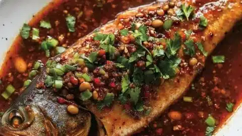 Delicious Braised Trout in Chilli Bean Sauce served on a plate